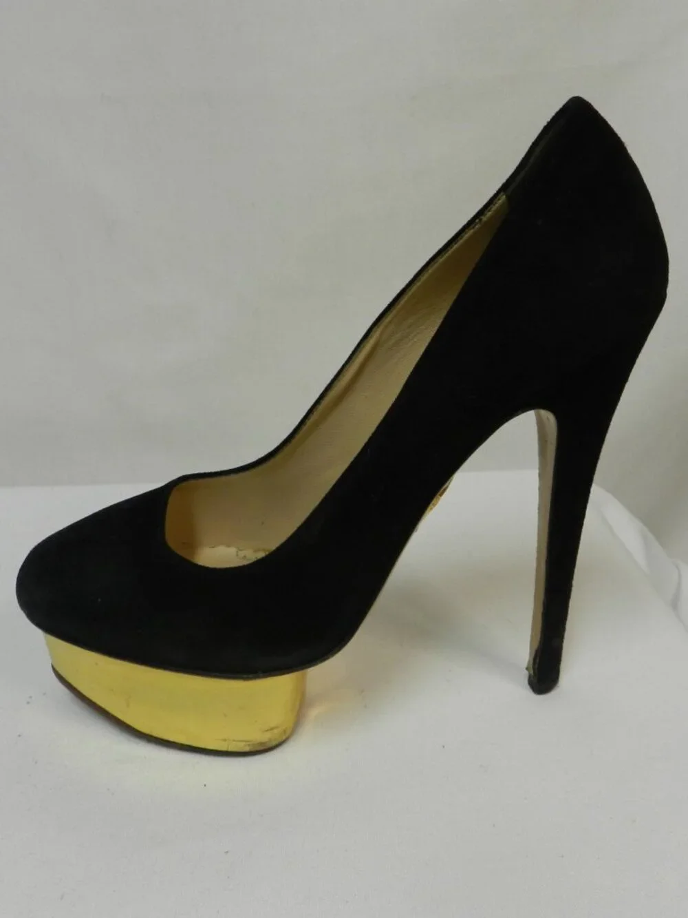 Charlotte Olympia Dolly Black Suede w/ Gold Platform heels pumps Italy Size Sz 7